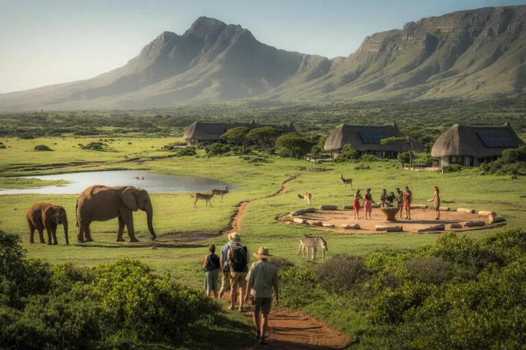 Tourists walk along a dirt path toward a safari scene with grazing elephants by a pond and distant thatched huts and mountains in the background.