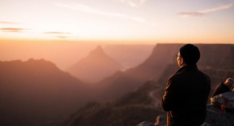 Person wearing dark clothing and a beanie stands at the edge of a cliff, watching a sunset over a layered canyon landscape