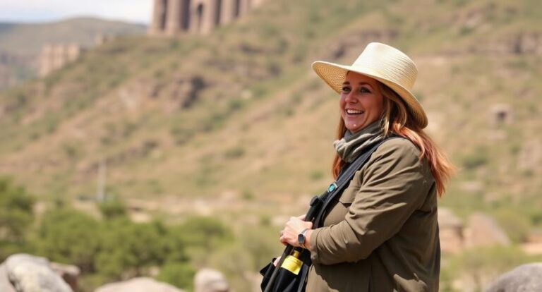 Smiling woman in a straw hat and olive jacket stands in a hilly outdoor landscape, holding a camera on a strap.