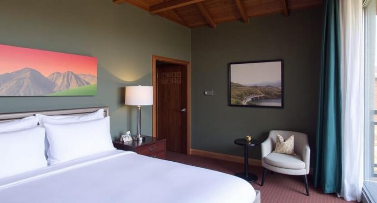 Hotel room with a king bed, green walls, a wooden door, a floor lamp, and a seating area by a window.
