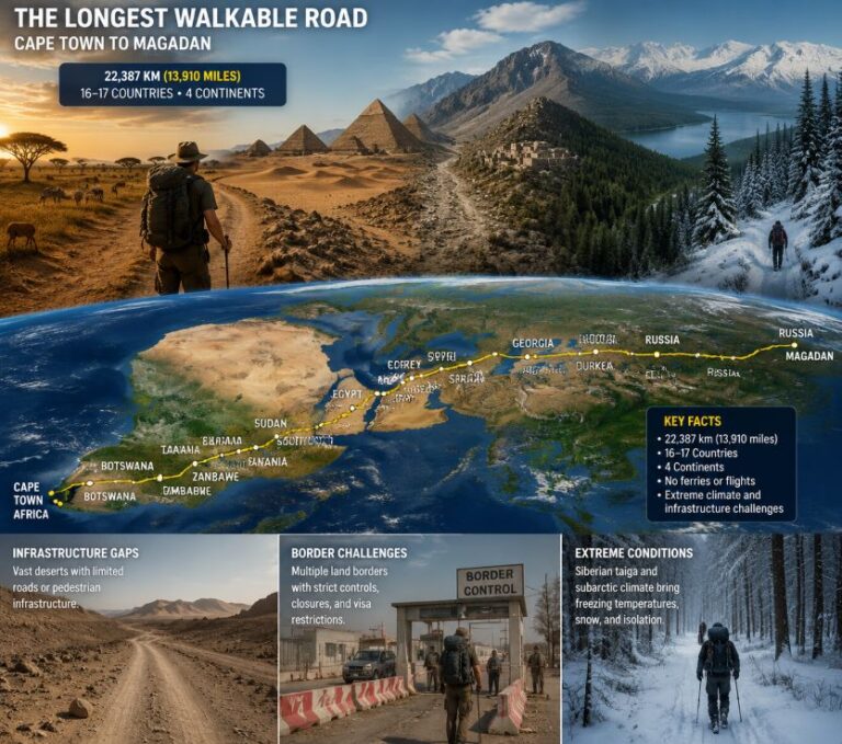 Map infographic of 'The Longest Walkable Road' from Cape Town to Magadan showing a hiker traversing diverse terrains, with a world map highlighting a 22,387 km route across 16–17 countries on 4 continents and key facts panel nearby.