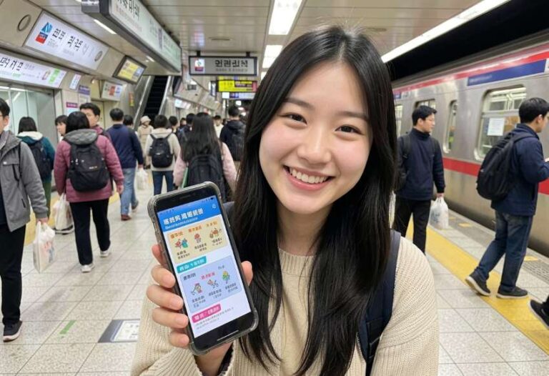 Smiling young woman on a subway platform holds up a smartphone displaying a colorful app screen.
