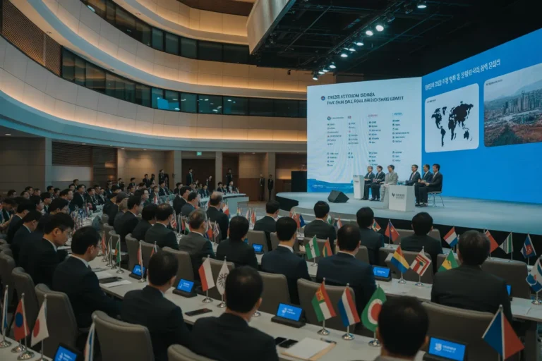 International conference hall with a panel on stage and delegates seated, small country flags on tables.
