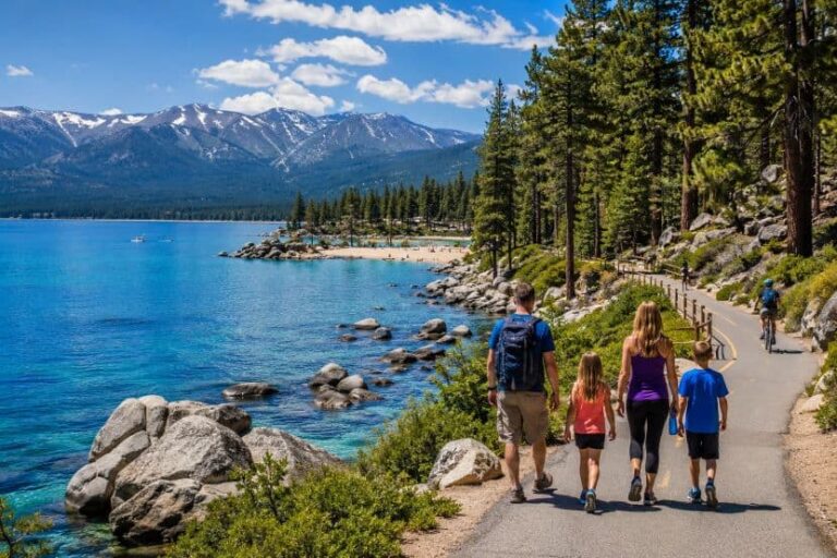 Family of four walks along a lakeside trail with blue water, rocks, and pine trees, mountains in the distance.