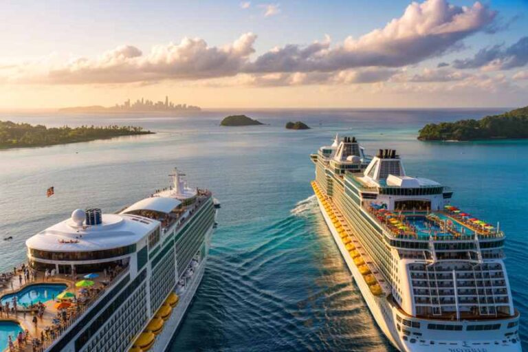 Two large cruise ships sailing in a turquoise bay at sunset, with a distant skyline and small islands on the horizon.