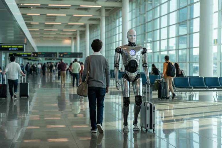Humanoid robot standing with a suitcase beside a traveler in a bright airport terminal.