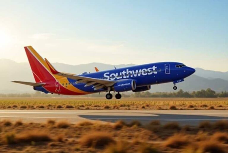 Southwest Airlines jet lifting off the runway with a desert landscape and distant mountains in the background.