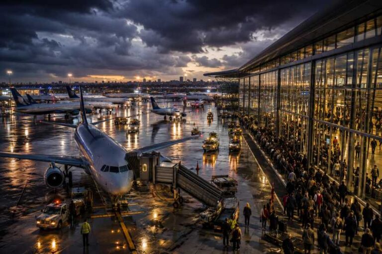 A busy airport tarmac at sunset with planes at gates and passengers inside a glass-walled terminal. The wet ground reflects lights from the gates and vehicles.