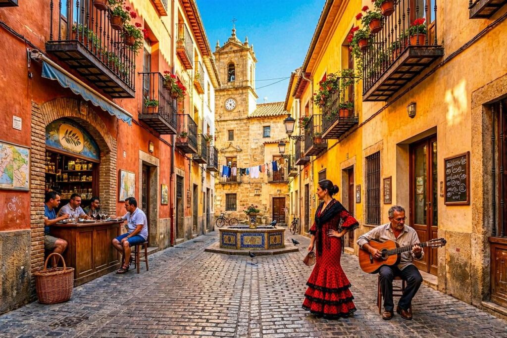 Colorful cobblestone street with yellow and red buildings, a guitarist seated to the right and a flamenco-dressed dancer walking by near a central fountain.