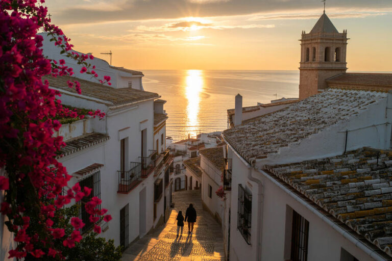 Sunset over a white Mediterranean town: a narrow cobblestone street, pink bougainvillea, and a church tower, with two people walking toward the sea.