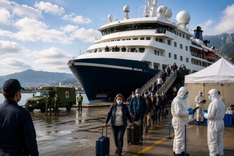 Passengers wearing masks walk down a gangway from a large white cruise ship at a sunny port, as medical staff in full PPE conduct checks nearby with a tent in the foreground.
