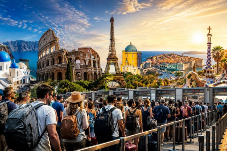 Crowded line of travelers with backpacks and suitcases in front of a sunset backdrop showing famous landmarks like the Colosseum and Eiffel Tower.