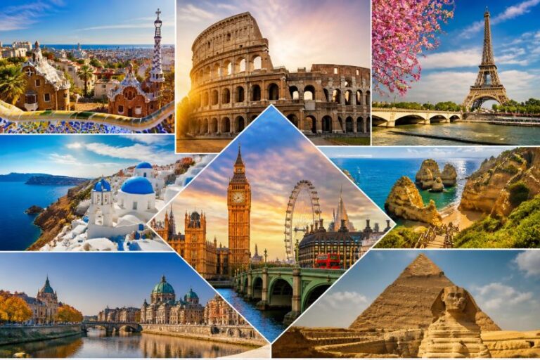 Collage of iconic world landmarks including the Colosseum, Eiffel Tower, Big Ben, London Eye, Santorini cliffs, and the Pyramids.