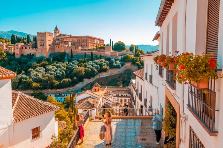 Terraced plaza overlooking a hillside town with white buildings, colorful flowers, and a distant fortress under a bright blue sky.