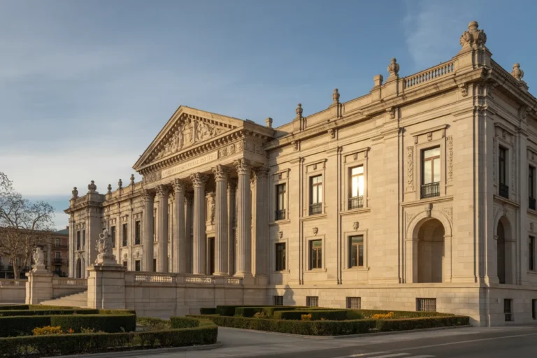 Grand neoclassical building with a columned portico, statues along the roofline, and warm afternoon light