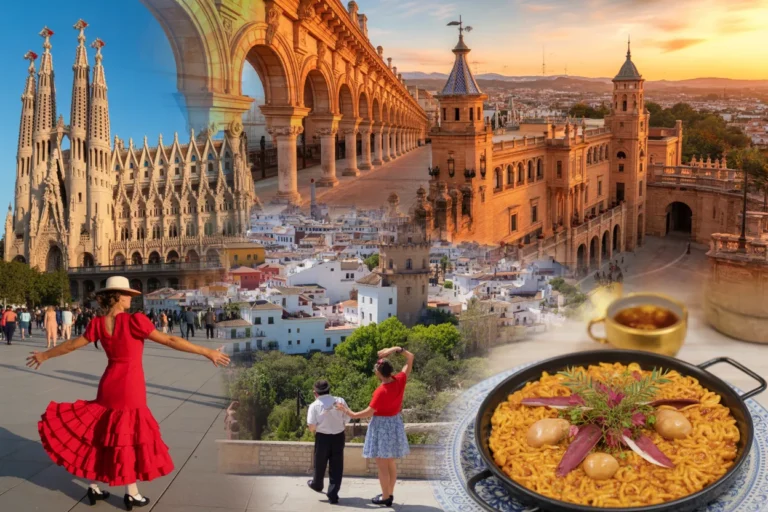 Spanish cultural collage featuring a flamenco dancer, historic arches, and a large paella with coffee against a city skyline.