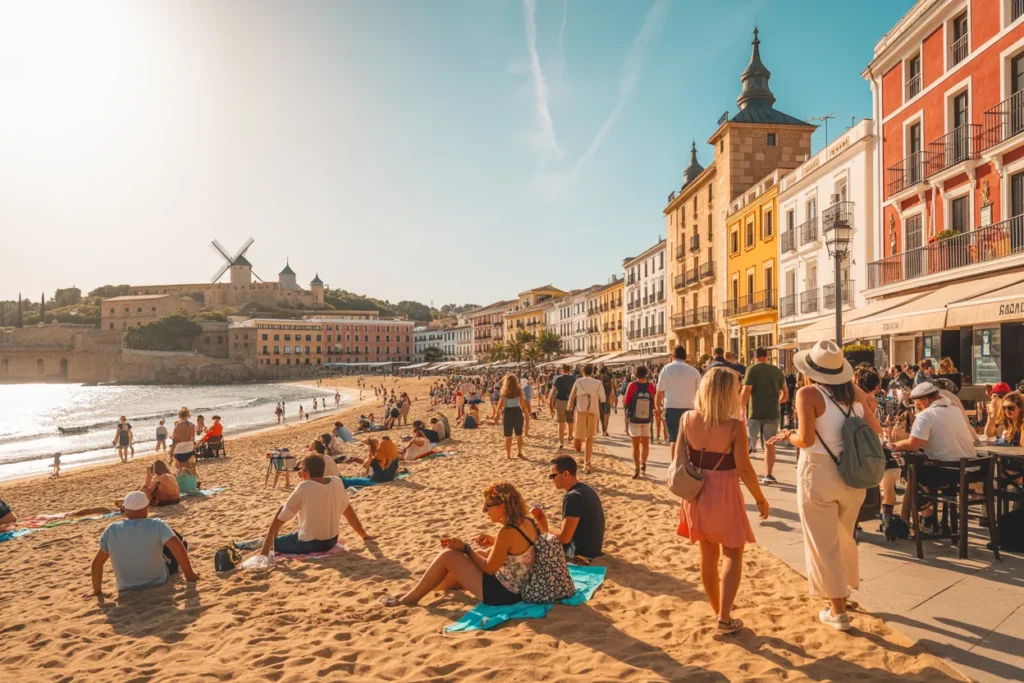 Sun-soaked city beach with people on sand and a bustling promenade lined with colorful buildings and a distant windmill.