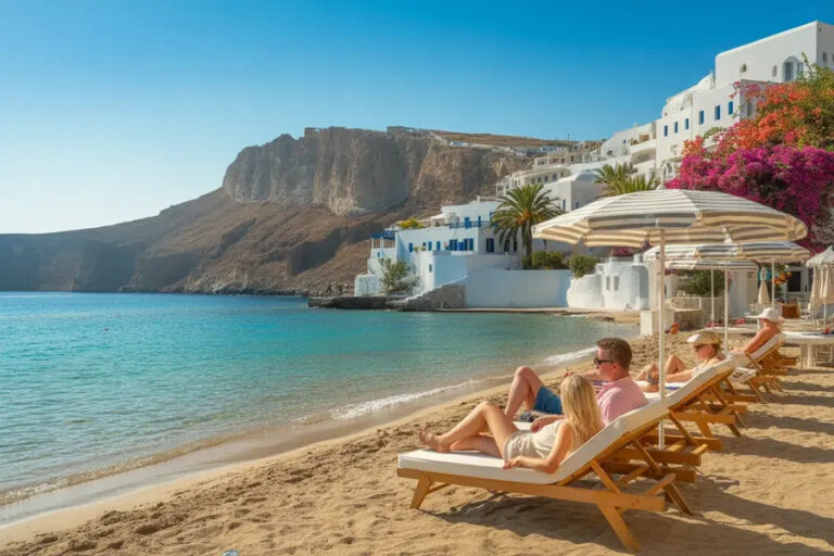 Sunbathers lounge on wooden chairs under striped umbrellas on a sandy beach, with turquoise water and white coastal buildings in the background.