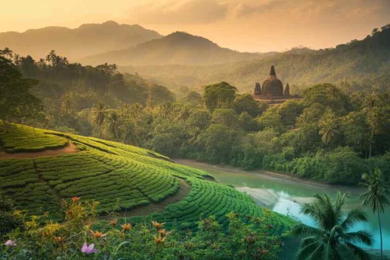 Terraced green tea fields beside a winding river with a hilltop temple in a misty tropical valley at sunrise