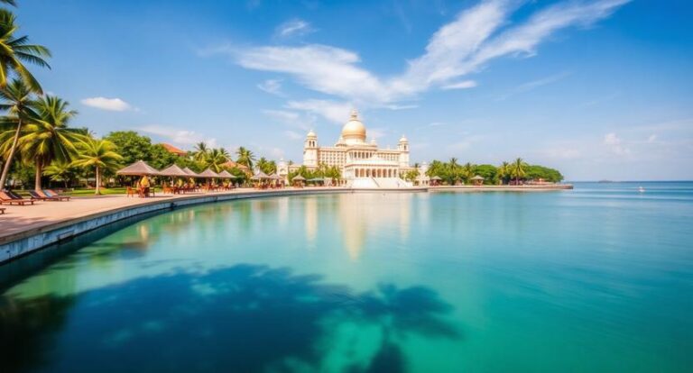 White domed building on a coast with palm trees, clear blue sky, and turquoise water.
