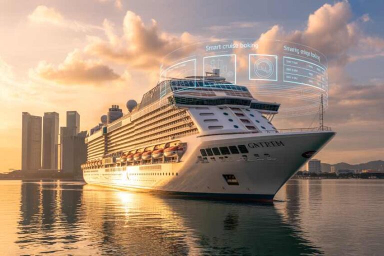 Cruise ship at sunset in a harbor, with a holographic smart cruise booking interface overhead.