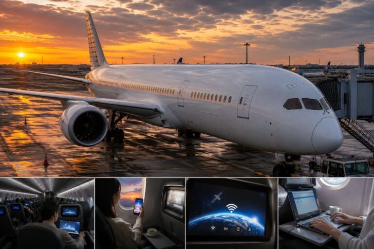 Airplane parked at a gate at sunset with reflections on a wet tarmac and jet bridge nearby.
