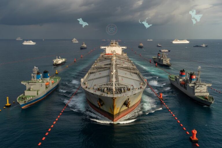 Front view of a large oil tanker flanked by two tugboats as it steers between red channel buoys in a calm sea.