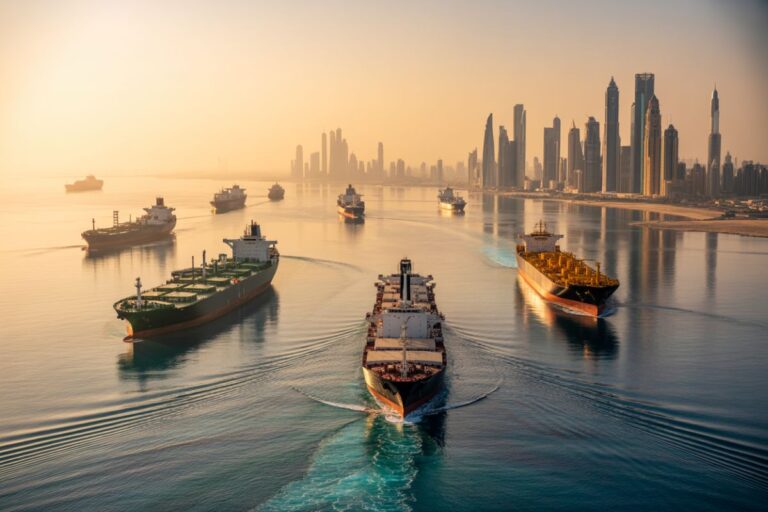 Several cargo ships sail in a harbor at sunset with a skyline of tall buildings in the distance photo shows busy shipping lanes.
