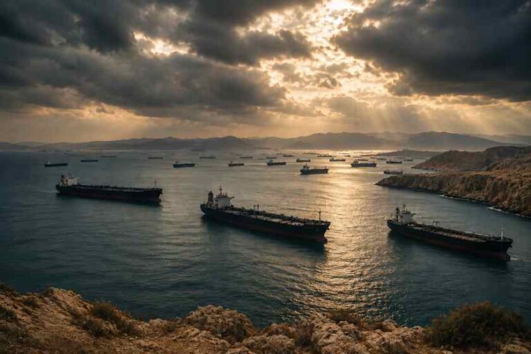 Several large tanker ships anchored in a calm bay, with rocky shore in the foreground and dramatic sunbeams breaking through dark clouds above the water.