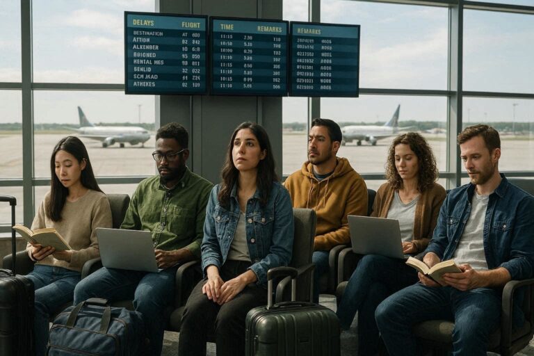 Six travelers sit in airport gate area, some reading books or using laptops, with a flight board and planes visible outside the windows.