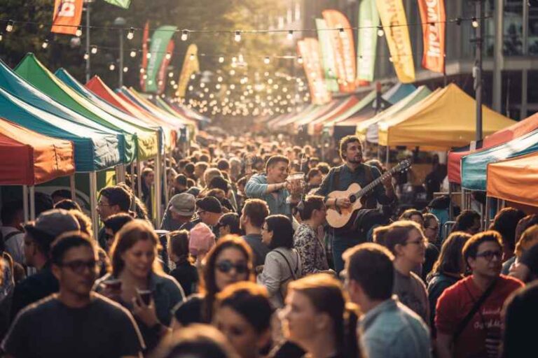 Crowded street market festival with colorful tents and string lights; a guitarist entertains the crowd.