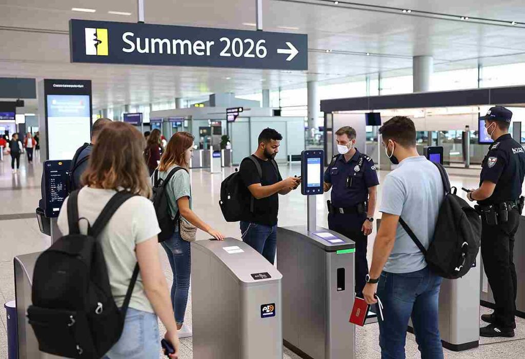 Group of travelers at automated security gates in an airport, officers nearby and a prominent Summer 2026 sign above them.