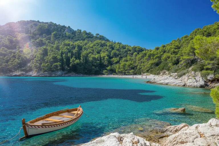 Small wooden boat floats near a rocky shore of turquoise water with a forested cove in the background.