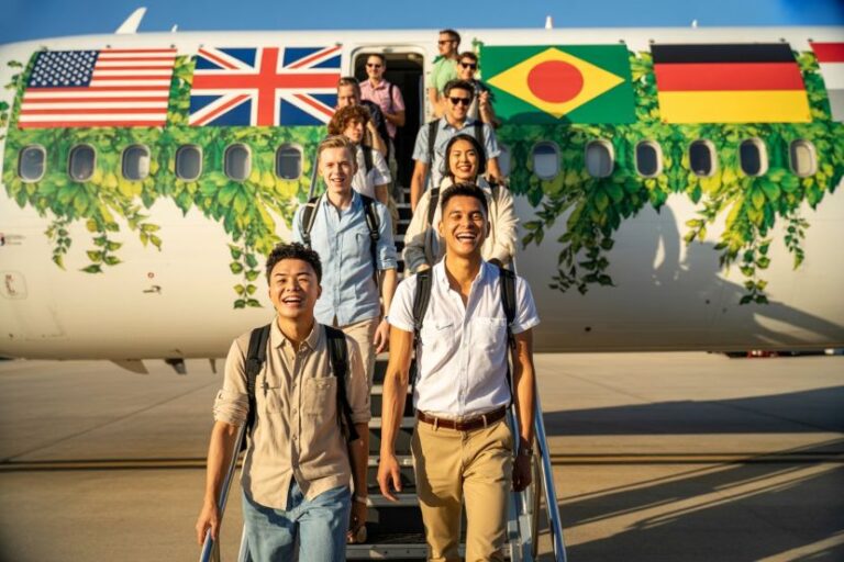 Diverse group of young travelers walking down airplane stairs with international flags on the fuselage and greenery décor.