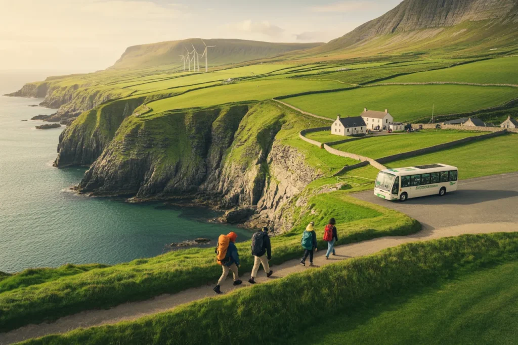 Hikers with backpacks walk a coastal path along green cliffs; a white tour bus sits on a nearby road; wind turbines and cottages in the distance.