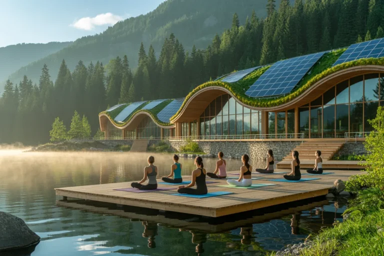 Yoga class on a wooden dock by a misty lake, with a curved green-roofed building and solar panels in the background.