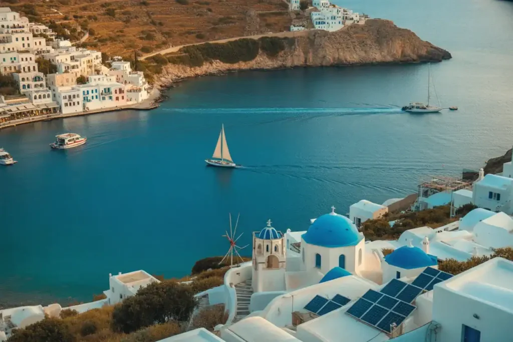White-washed buildings with blue domes overlook a calm blue sea, with a sailboat in the bay.
