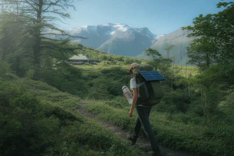 Hiker walking along a mountain trail with a large backpack and a solar panel attached, alpine valley in the background