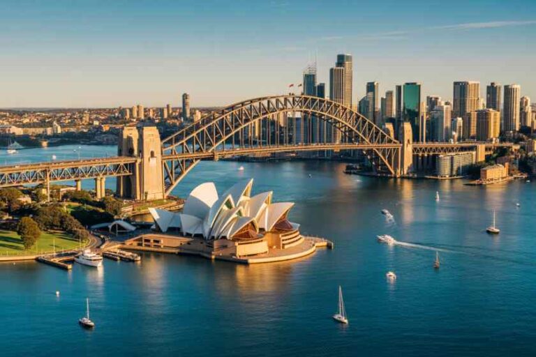 Sydney Opera House on the harbor with the Harbour Bridge and city skyline in the background.
