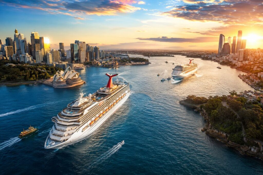 Sunset over Sydney Harbour with two large cruise ships near the Opera House and city skyline on the horizon.