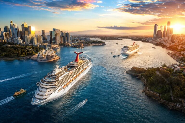 Sunset over Sydney Harbour with two large cruise ships near the Opera House and city skyline on the horizon.
