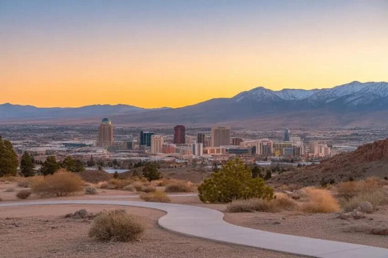 Sunset over a desert landscape with a distant city skyline and snow-capped mountains in the background, the sky glowing orange and yellow.