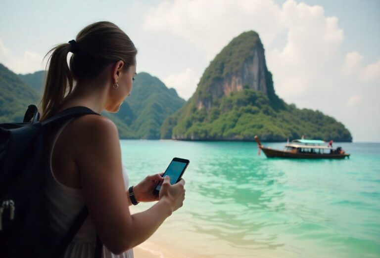 Woman with a backpack stands on a tropical beach, looking at her smartphone as turquoise water and a boat drift nearby.
