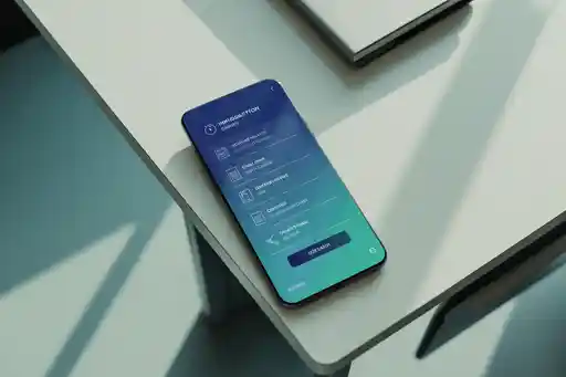 Smartphone with a blue-to-teal gradient onboarding screen placed on a white desk, showing a list of features and a prominent call-to-action button.