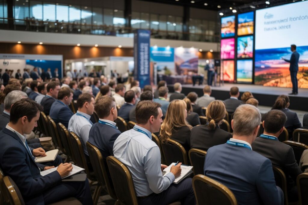 Conference hall with a speaker presenting on stage to a large audience.
