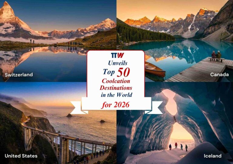 Collage of iconic landscapes from Switzerland, Canada, the United States and Iceland with a central badge announcing TTW's Top 50 Coolcation Destinations for 2026.