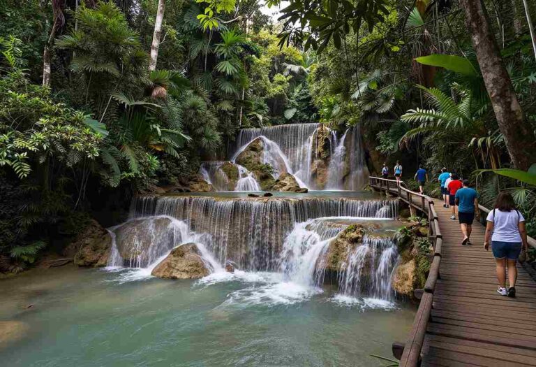 Lush tropical waterfall scene with tiered cascades and a wooden boardwalk on the right, where people stroll along the path amidst dense jungle foliage.