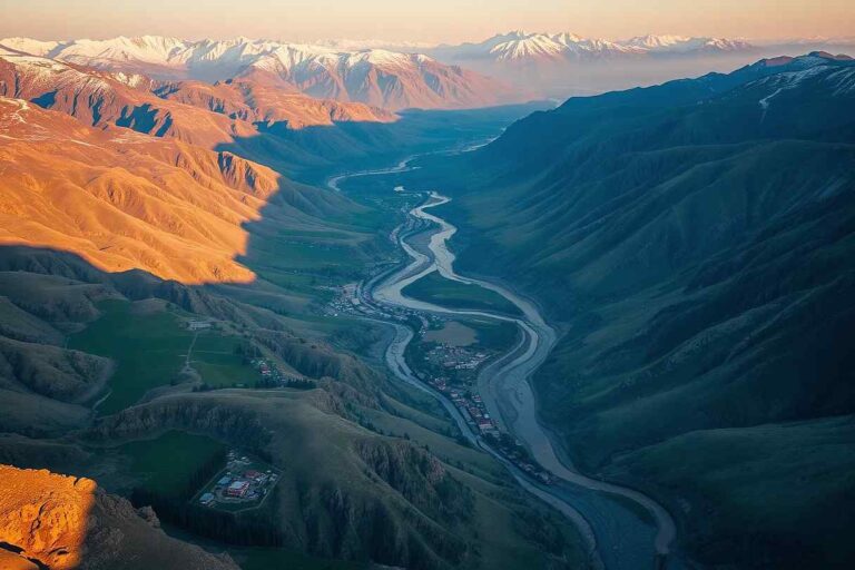 Winding river through a deep valley flanked by orange sunlit hills and dark blue mountains at sunset.