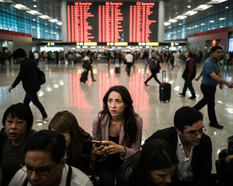 A crowded airport terminal with travelers and a large red flight-info board in the background; a woman in a pink jacket sits center, looking anxious while holding a phone.
