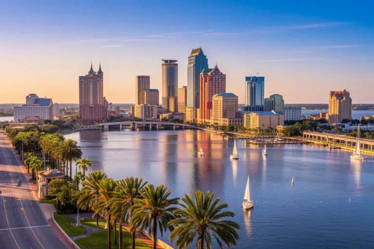 Sunset-lit city skyline along a harbor with palm-lined promenade and sailboats on calm water.